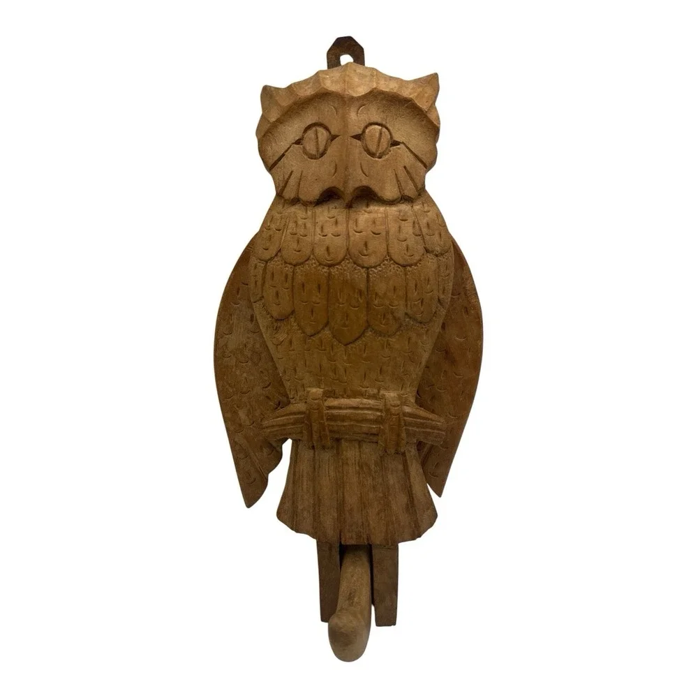 Vintage Hand Carved Wood Owl Wall Hook Articulated Flapping Moving Wings 14
